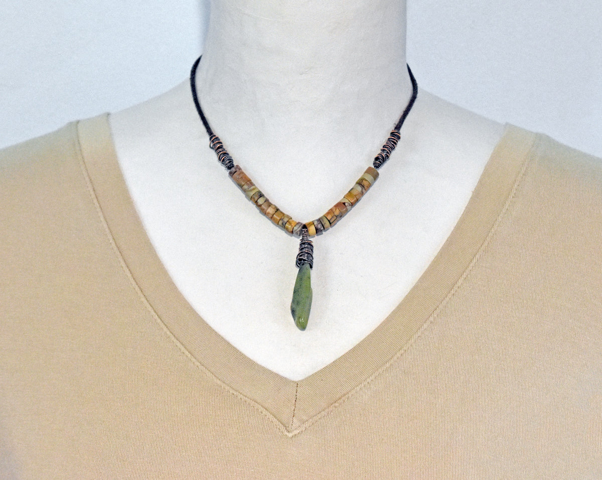 Jade, Jasper, Leather and Copper Necklace, Natural Green Stone Pendant, Earthy Rustic Handmade Jewelry