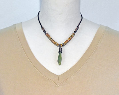 Jade, Jasper, Leather and Copper Necklace, Natural Green Stone Pendant, Earthy Rustic Handmade Jewelry