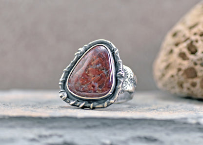 Red Jasper Wide Band Sterling Silver Ring, Size 8.25, Unique Rustic Organic Silversmith Jewelry