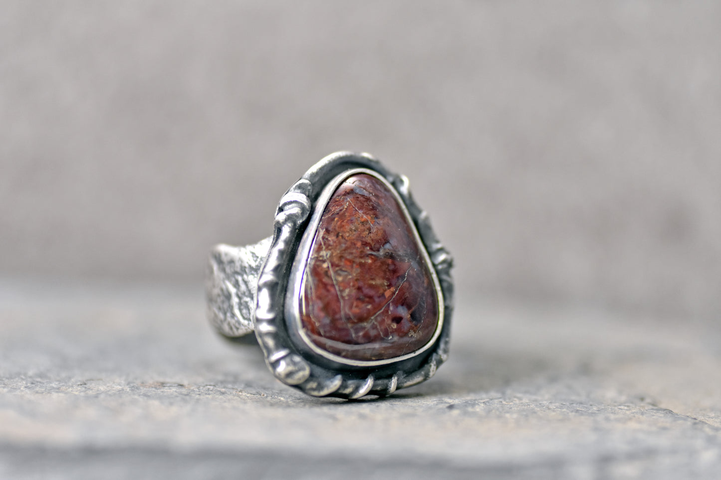 Red Jasper Wide Band Sterling Silver Ring, Size 8.25, Unique Rustic Organic Silversmith Jewelry