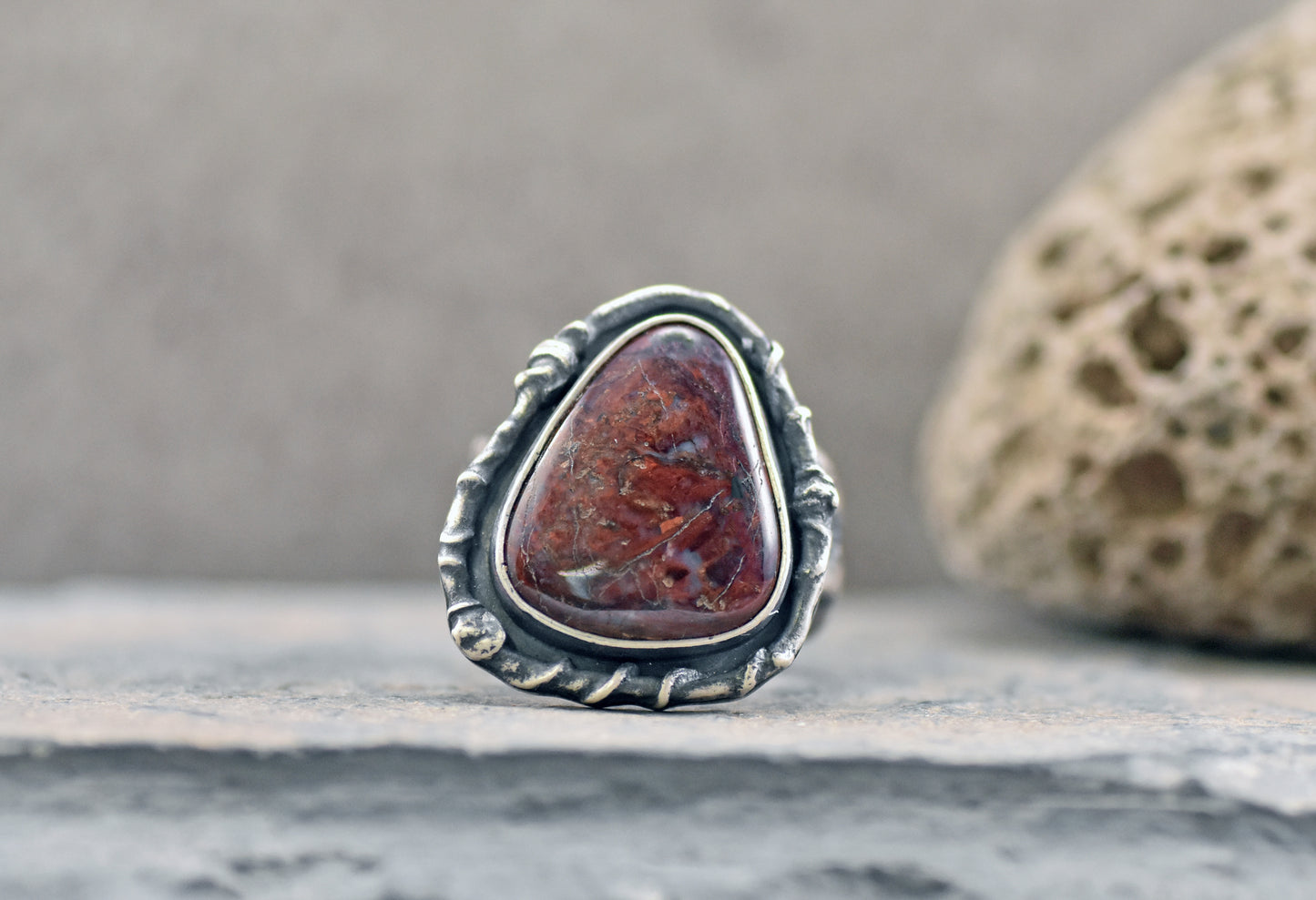 Red Jasper Wide Band Sterling Silver Ring, Size 8.25, Unique Rustic Organic Silversmith Jewelry