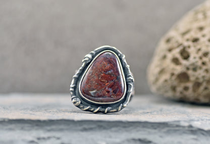 Red Jasper Wide Band Sterling Silver Ring, Size 8.25, Unique Rustic Organic Silversmith Jewelry