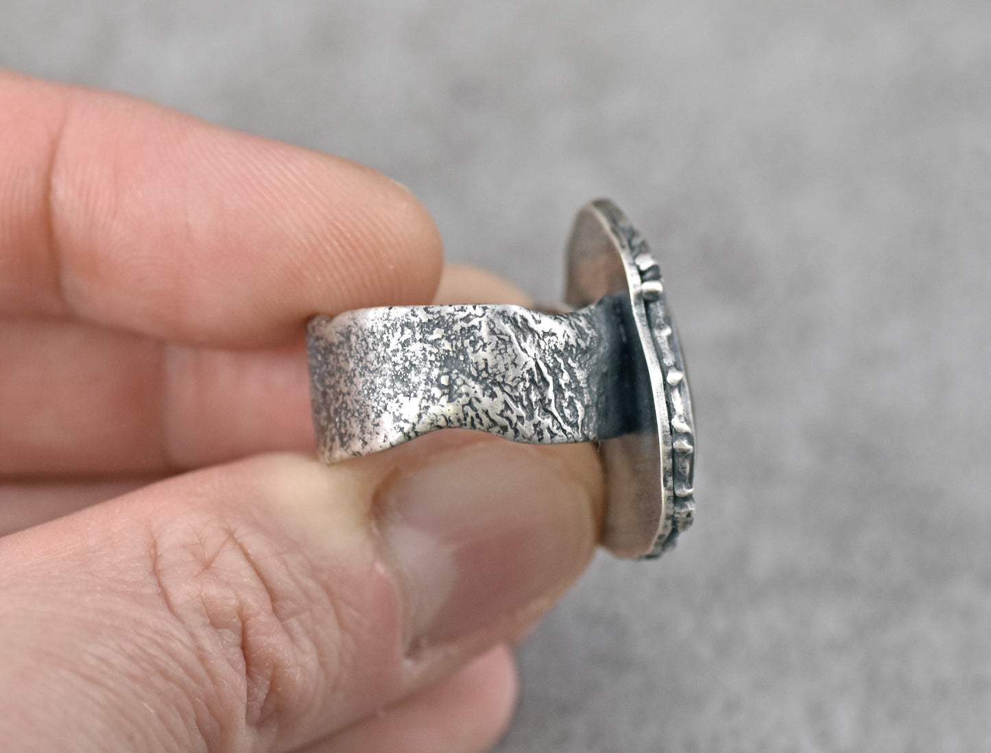 Red Jasper Wide Band Sterling Silver Ring, Size 8.25, Unique Rustic Organic Silversmith Jewelry