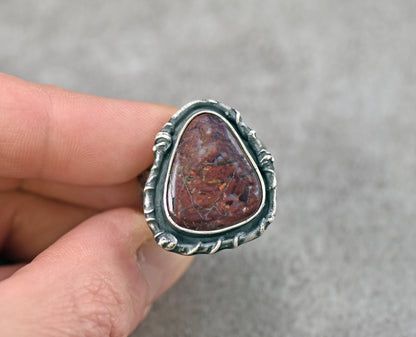 Red Jasper Wide Band Sterling Silver Ring, Size 8.25, Unique Rustic Organic Silversmith Jewelry