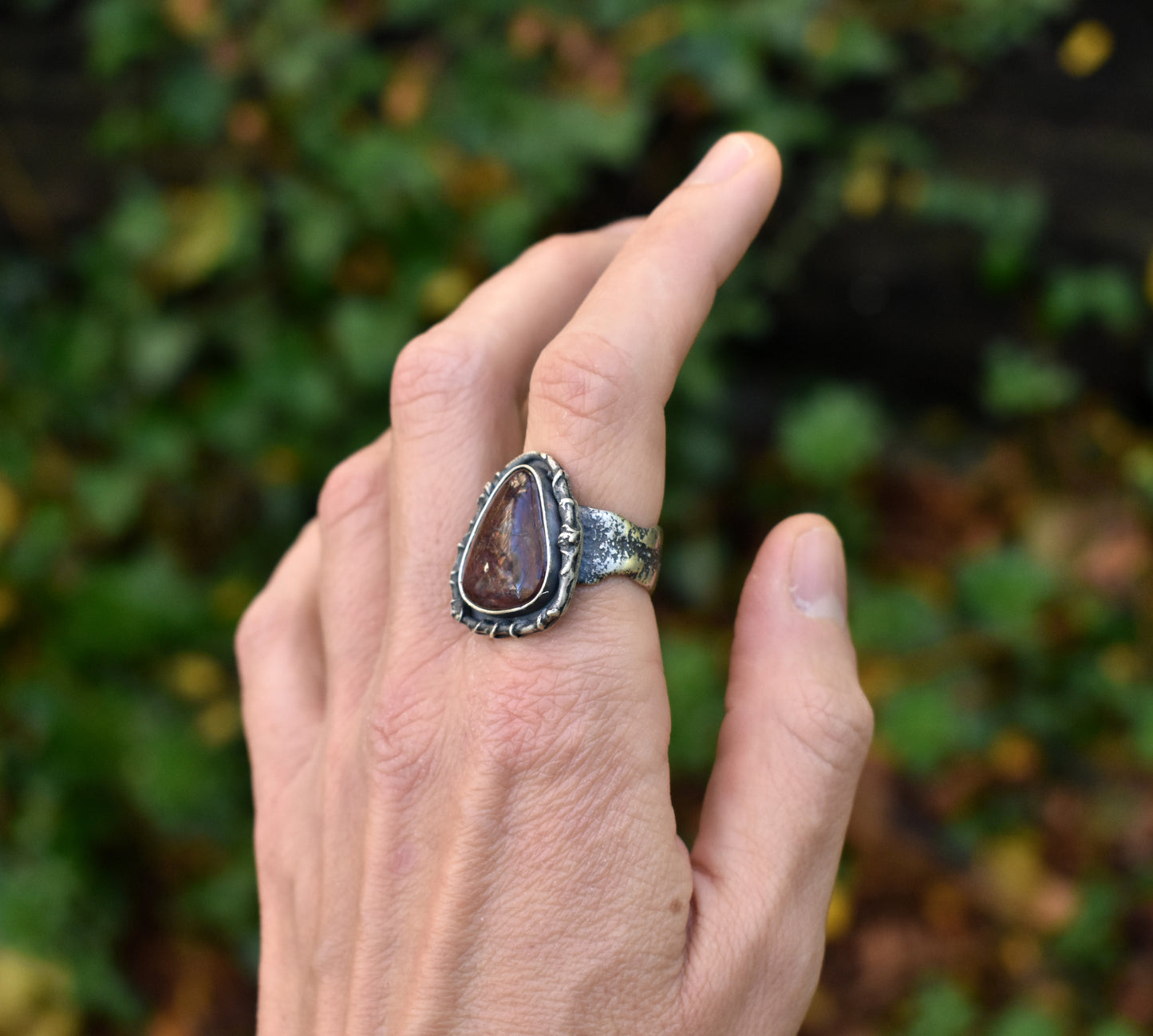 Red Jasper Wide Band Sterling Silver Ring, Size 8.25, Unique Rustic Organic Silversmith Jewelry