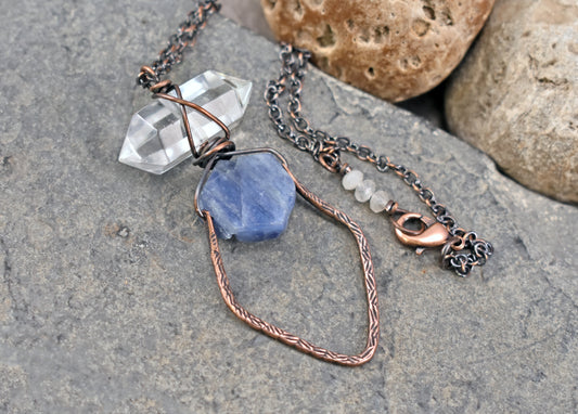 Long Kyanite and Quartz Layering Necklace, Rustic Copper Pendant with Natural Raw Blue Stone