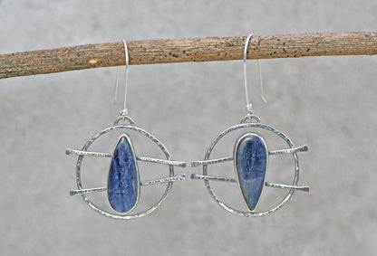 Large Kyanite and Sterling Silver Circle Statement Dangle Earrings