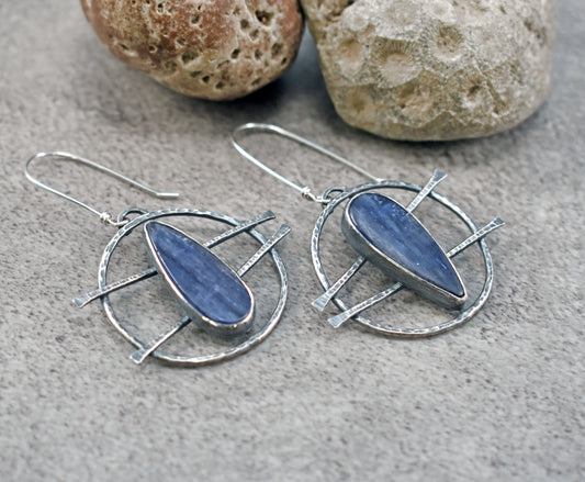 Large Kyanite and Sterling Silver Circle Statement Dangle Earrings