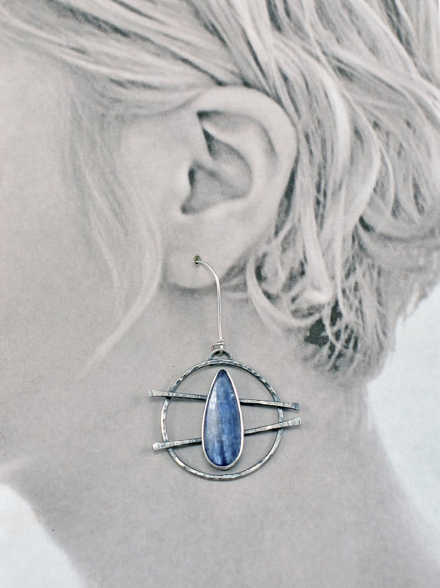 Large Kyanite and Sterling Silver Circle Statement Dangle Earrings