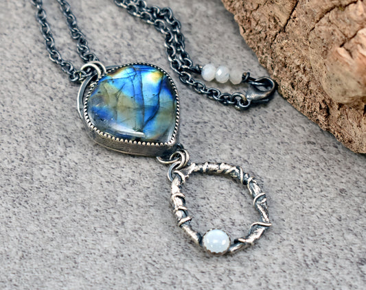 Labradorite, Moonstone and Sterling Silver Necklace, Rustic Silversmith Pendant, Artisan Handmade Jewelry
