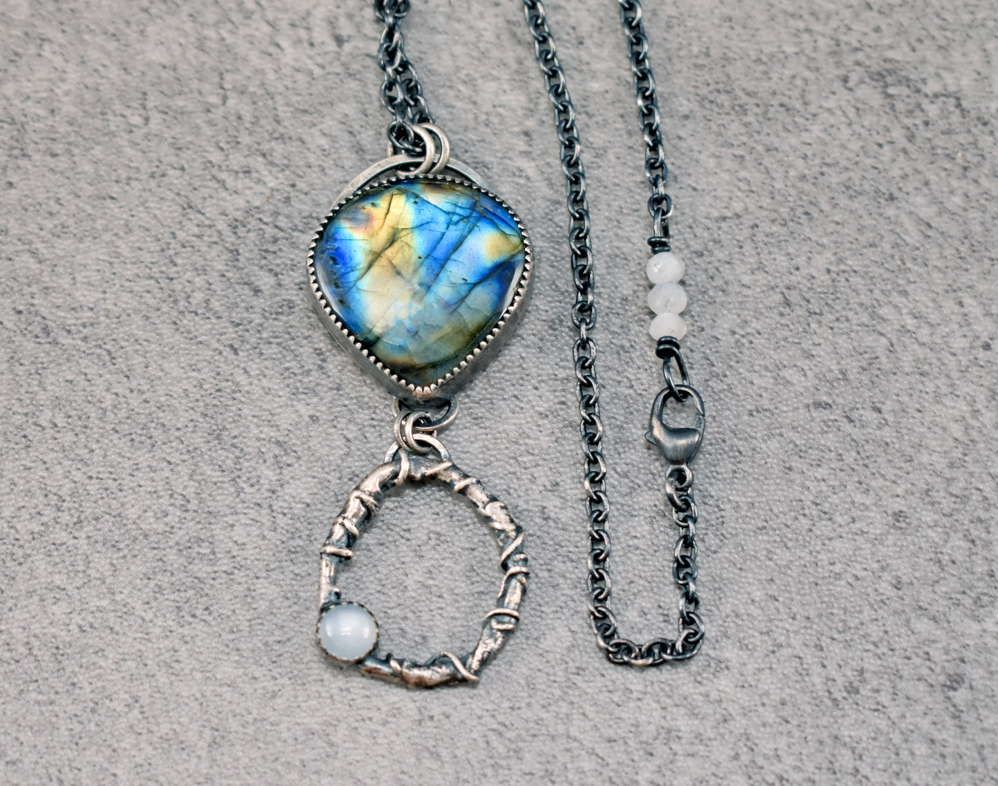 Labradorite, Moonstone and Sterling Silver Necklace, Rustic Silversmith Pendant, Artisan Handmade Jewelry