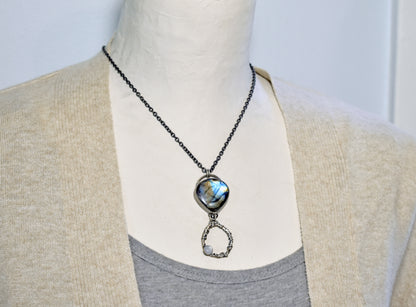 Labradorite, Moonstone and Sterling Silver Necklace, Rustic Silversmith Pendant, Artisan Handmade Jewelry