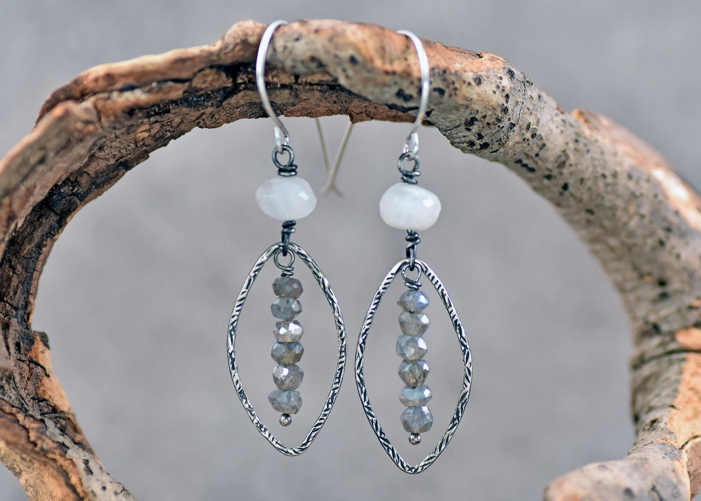 Labradorite, Moonstone and Sterling Silver Artisan Earrings
