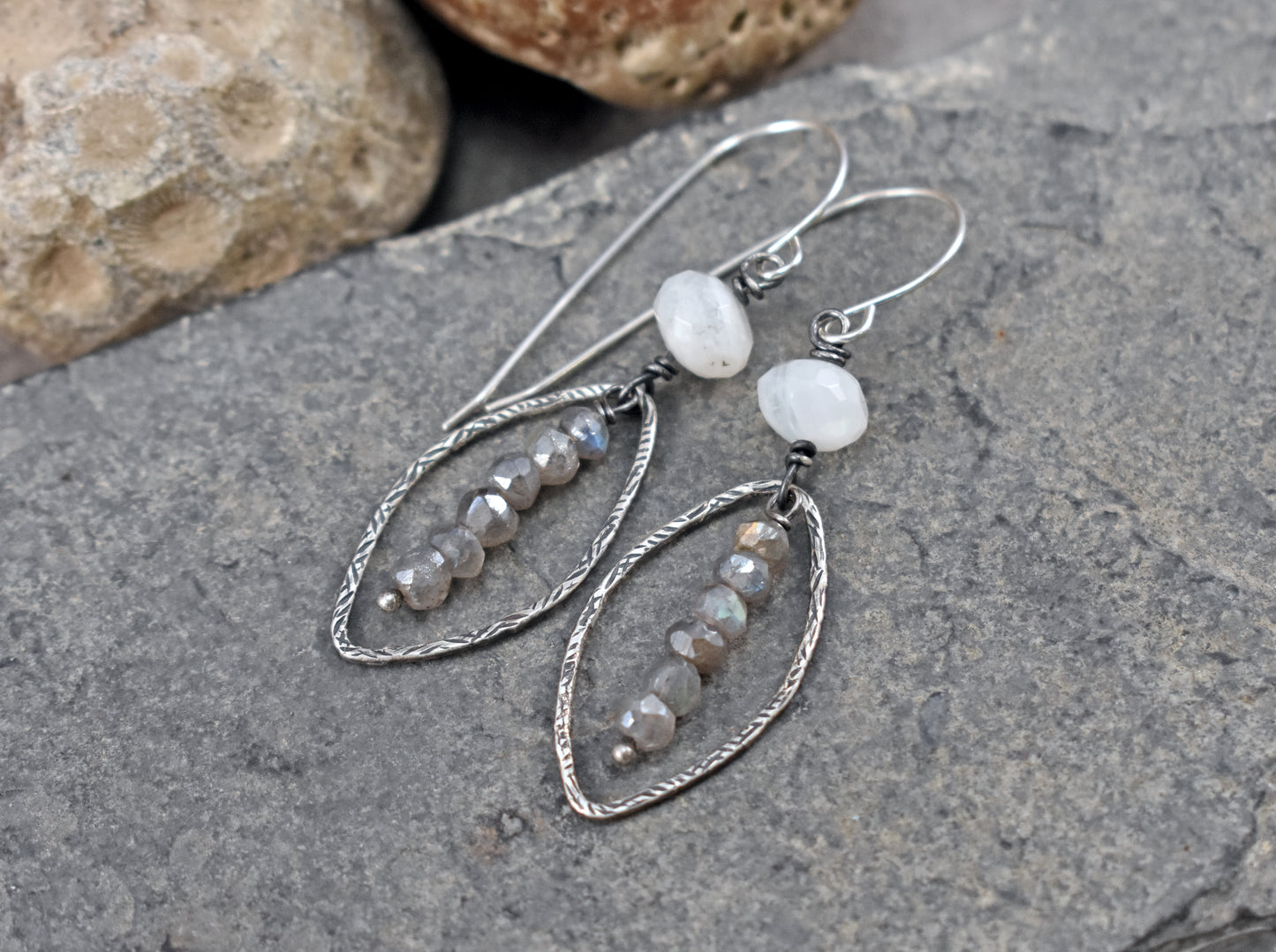 Labradorite, Moonstone and Sterling Silver Artisan Earrings