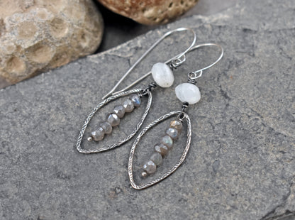 Labradorite, Moonstone and Sterling Silver Artisan Earrings