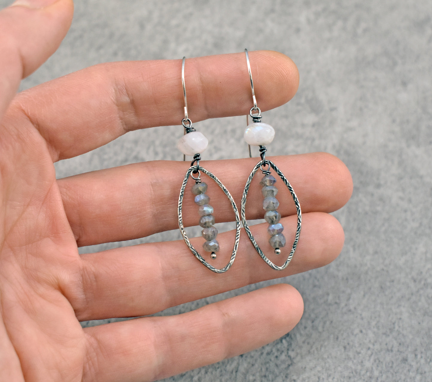 Labradorite, Moonstone and Sterling Silver Artisan Earrings