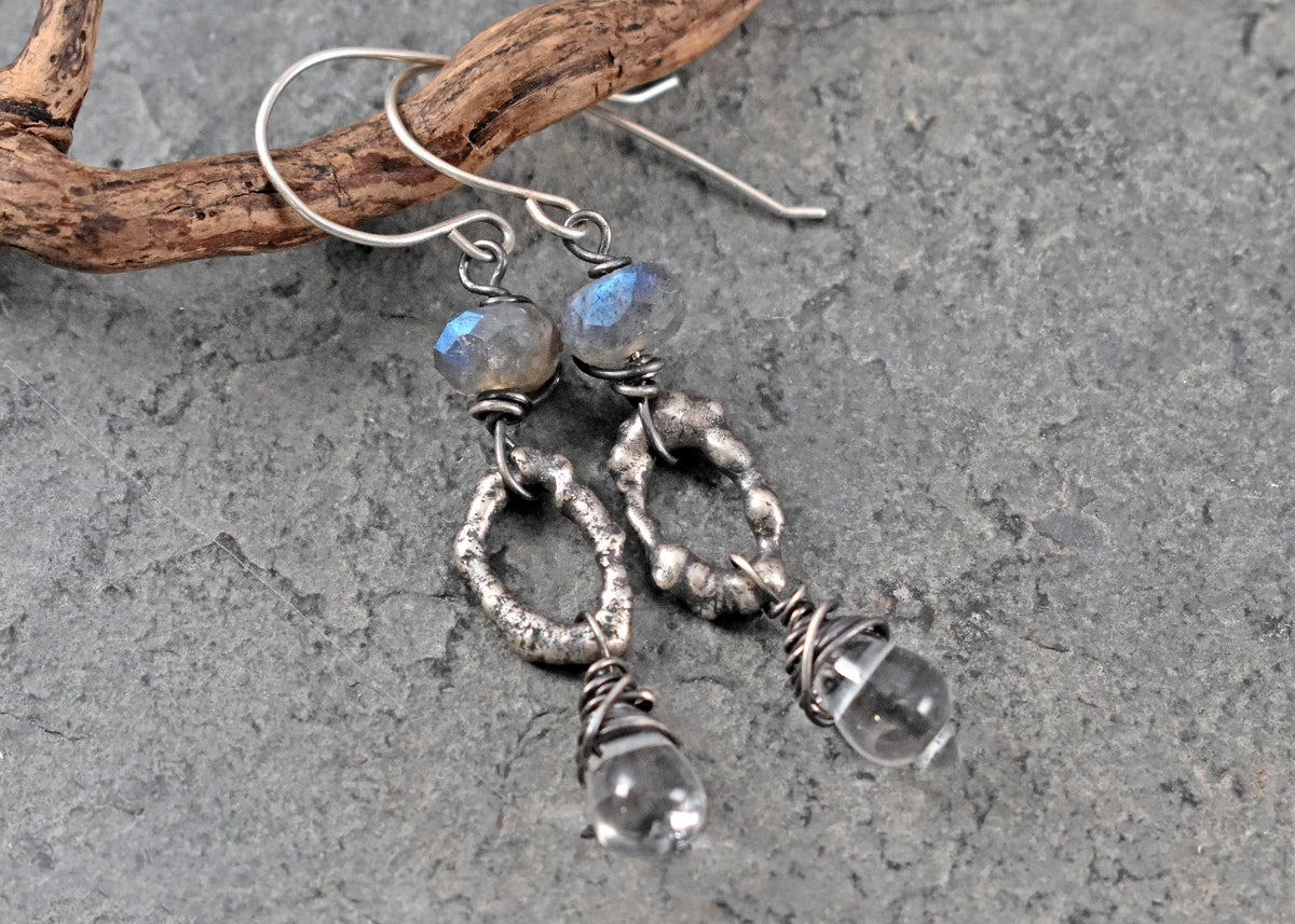 Labradorite, Quartz and Sterling Silver Oval Earrings, Rustic Organic Handmade Jewelry