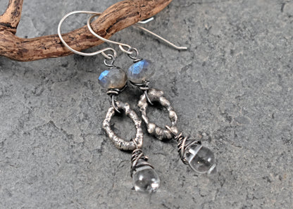 Labradorite, Quartz and Sterling Silver Oval Earrings, Rustic Organic Handmade Jewelry
