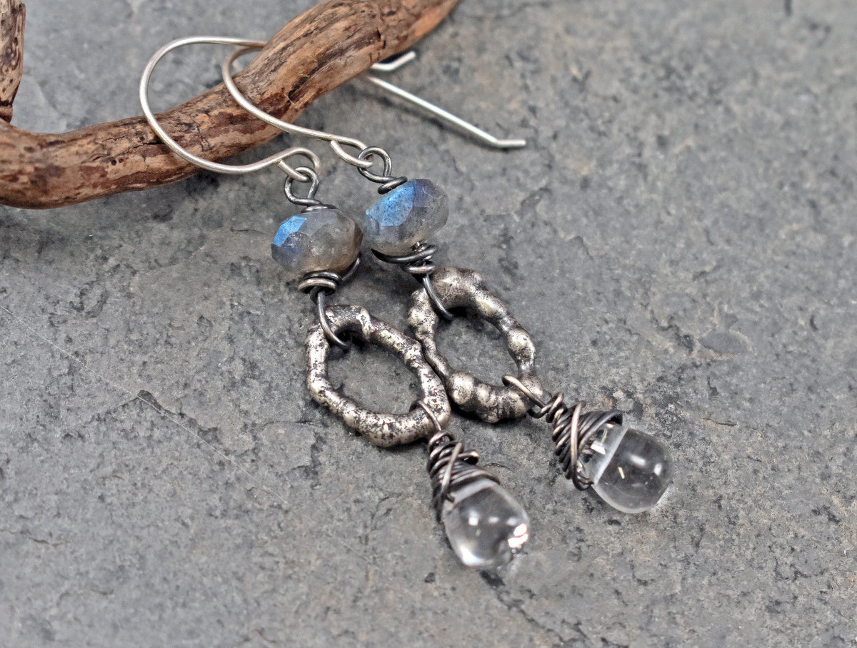 Labradorite, Quartz and Sterling Silver Oval Earrings, Rustic Organic Handmade Jewelry