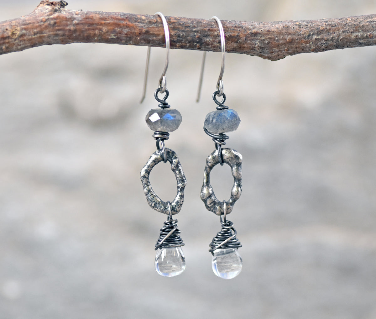 Labradorite, Quartz and Sterling Silver Oval Earrings, Rustic Organic Handmade Jewelry