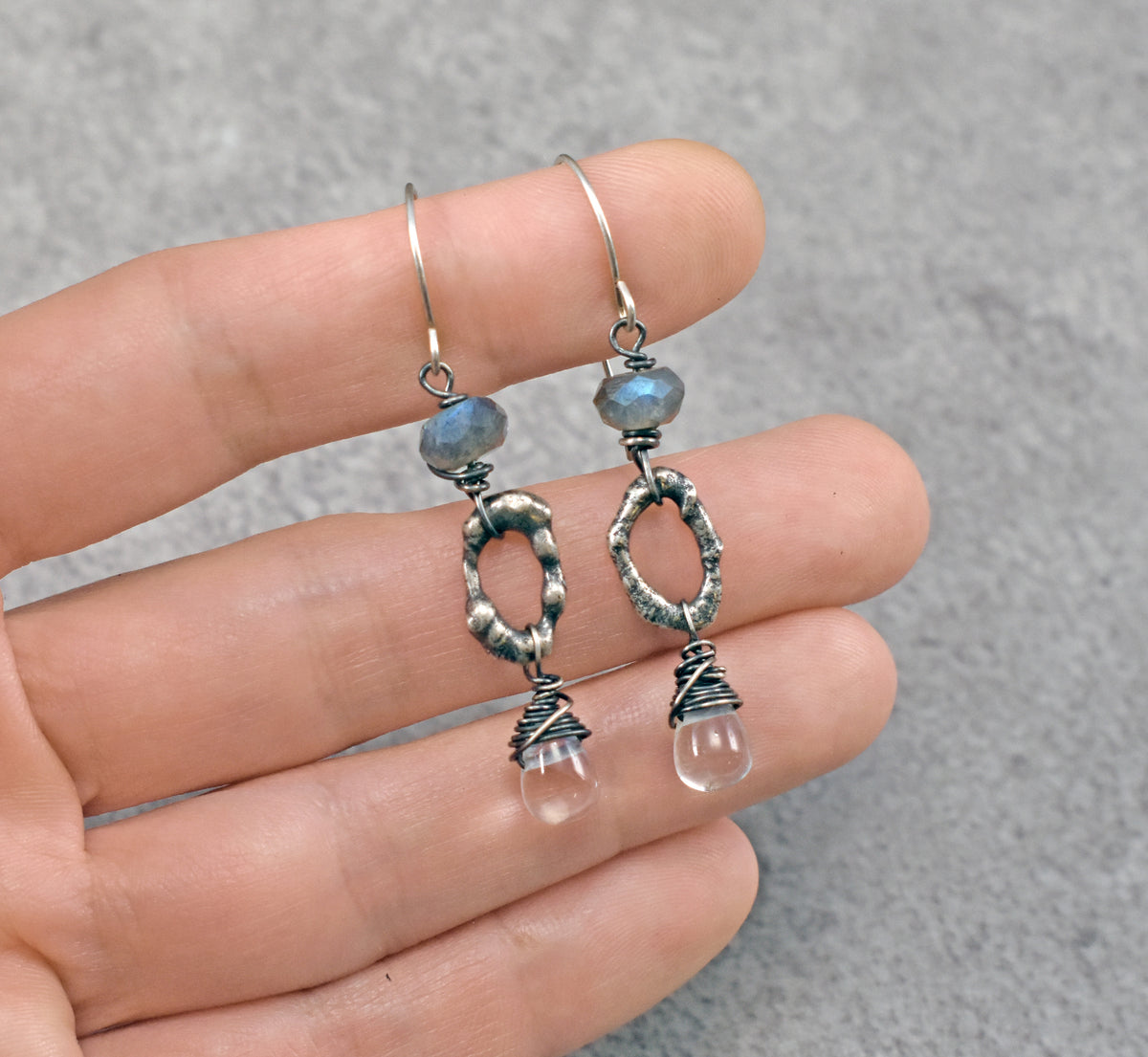 Labradorite, Quartz and Sterling Silver Oval Earrings, Rustic Organic Handmade Jewelry