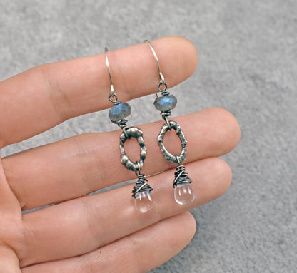 Labradorite, Quartz and Sterling Silver Oval Earrings, Rustic Organic Handmade Jewelry