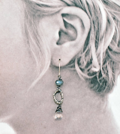 Labradorite, Quartz and Sterling Silver Oval Earrings, Rustic Organic Handmade Jewelry