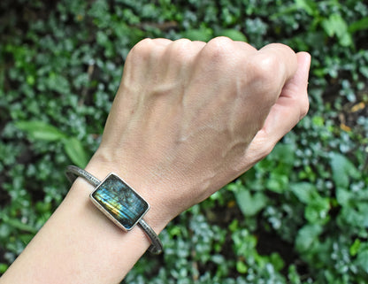 Labradorite and Sterling Silver Cuff Bracelet, Size Medium, Blue Gemstone Silversmith Jewelry