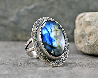 Sterling Silver Labradorite Statement Ring, Size 8.5