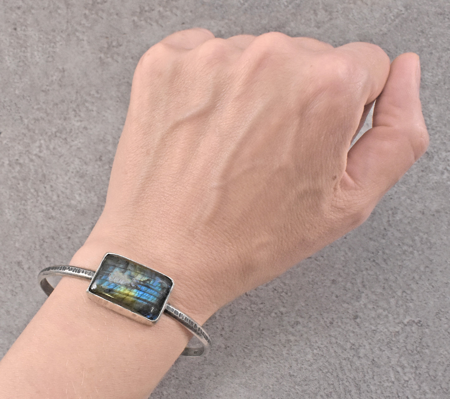 Labradorite and Sterling Silver Cuff Bracelet, Size Medium, Blue Gemstone Silversmith Jewelry