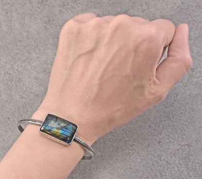 Labradorite and Sterling Silver Cuff Bracelet, Size Medium, Blue Gemstone Silversmith Jewelry