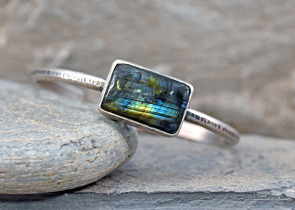 Labradorite and Sterling Silver Cuff Bracelet, Size Medium, Blue Gemstone Silversmith Jewelry