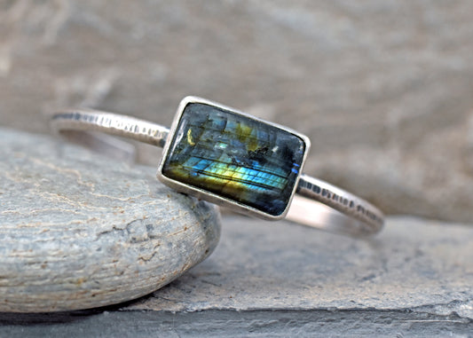 Labradorite and Sterling Silver Cuff Bracelet, Size Medium, Blue Gemstone Silversmith Jewelry