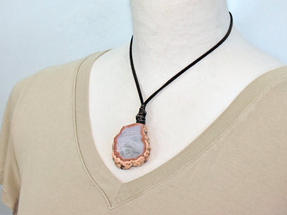 Laguna Lace Agate Copper and Microsuede Vegan Necklace, Natural Gemstone Statement Jewelry, Rustic Red Gray White Stone