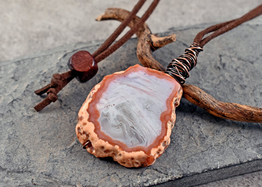 Laguna Lace Agate Copper and Microsuede Vegan Necklace, Natural Gemstone Statement Jewelry, Rustic Red Gray White Stone