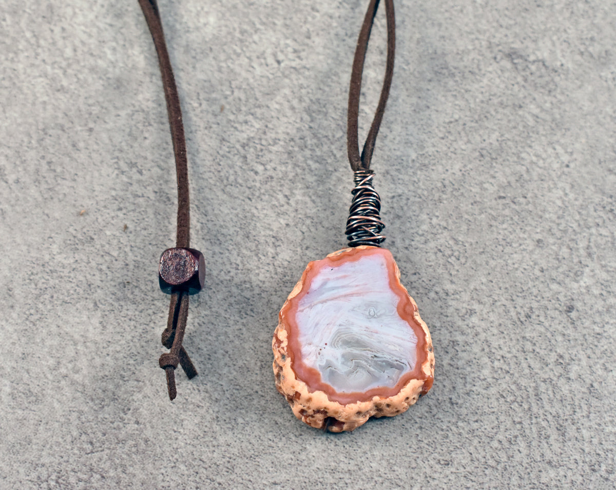 Laguna Lace Agate Copper and Microsuede Vegan Necklace, Natural Gemstone Statement Jewelry, Rustic Red Gray White Stone