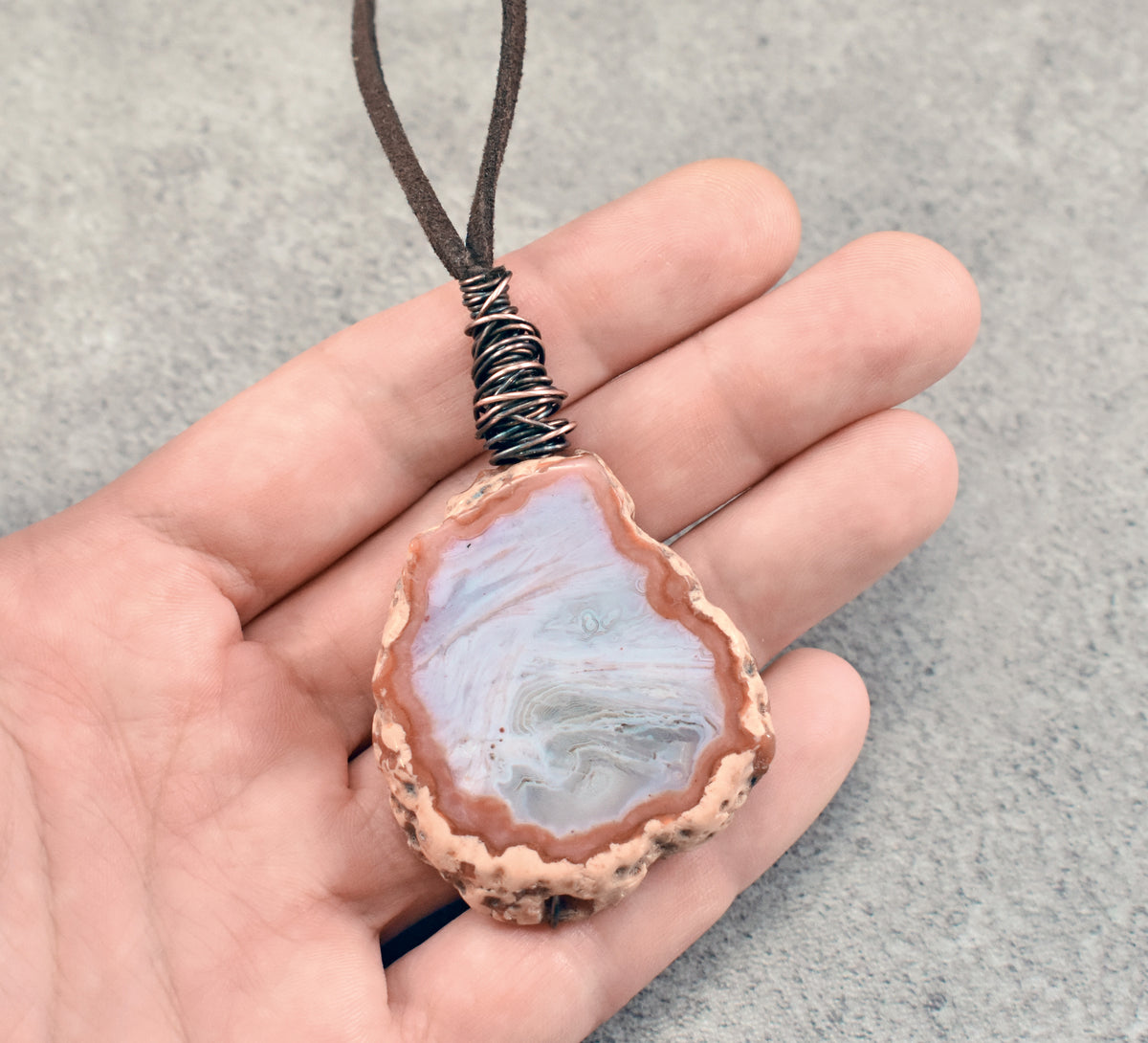 Laguna Lace Agate Copper and Microsuede Vegan Necklace, Natural Gemstone Statement Jewelry, Rustic Red Gray White Stone