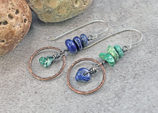 Turquoise and Lapis Lazuli Asymmetrical Mixed Metal Earrings, Rustic Copper Blue and Green Circle Jewelry