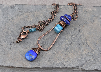 Long Apatite, Lapis Lazuli and Copper Wire Necklace, Artisan Blue Handmade Jewelry