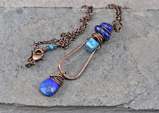 Long Apatite, Lapis Lazuli and Copper Wire Necklace, Artisan Blue Handmade Jewelry