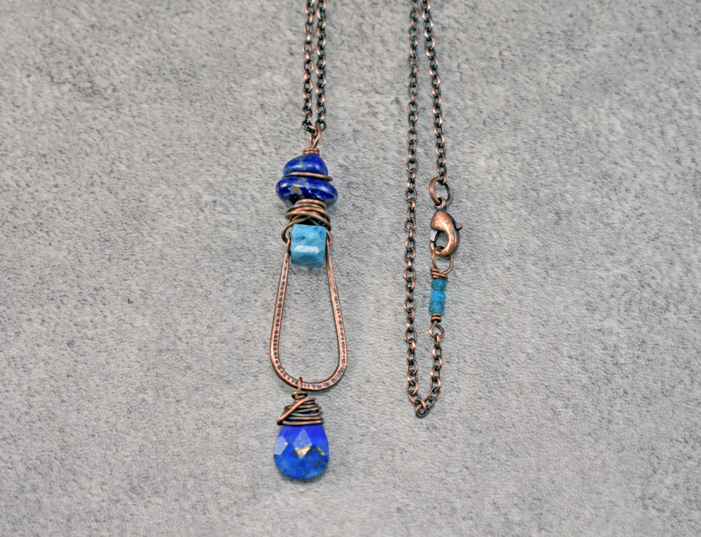 Long Apatite, Lapis Lazuli and Copper Wire Necklace, Artisan Blue Handmade Jewelry