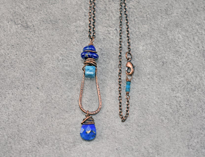 Long Apatite, Lapis Lazuli and Copper Wire Necklace, Artisan Blue Handmade Jewelry