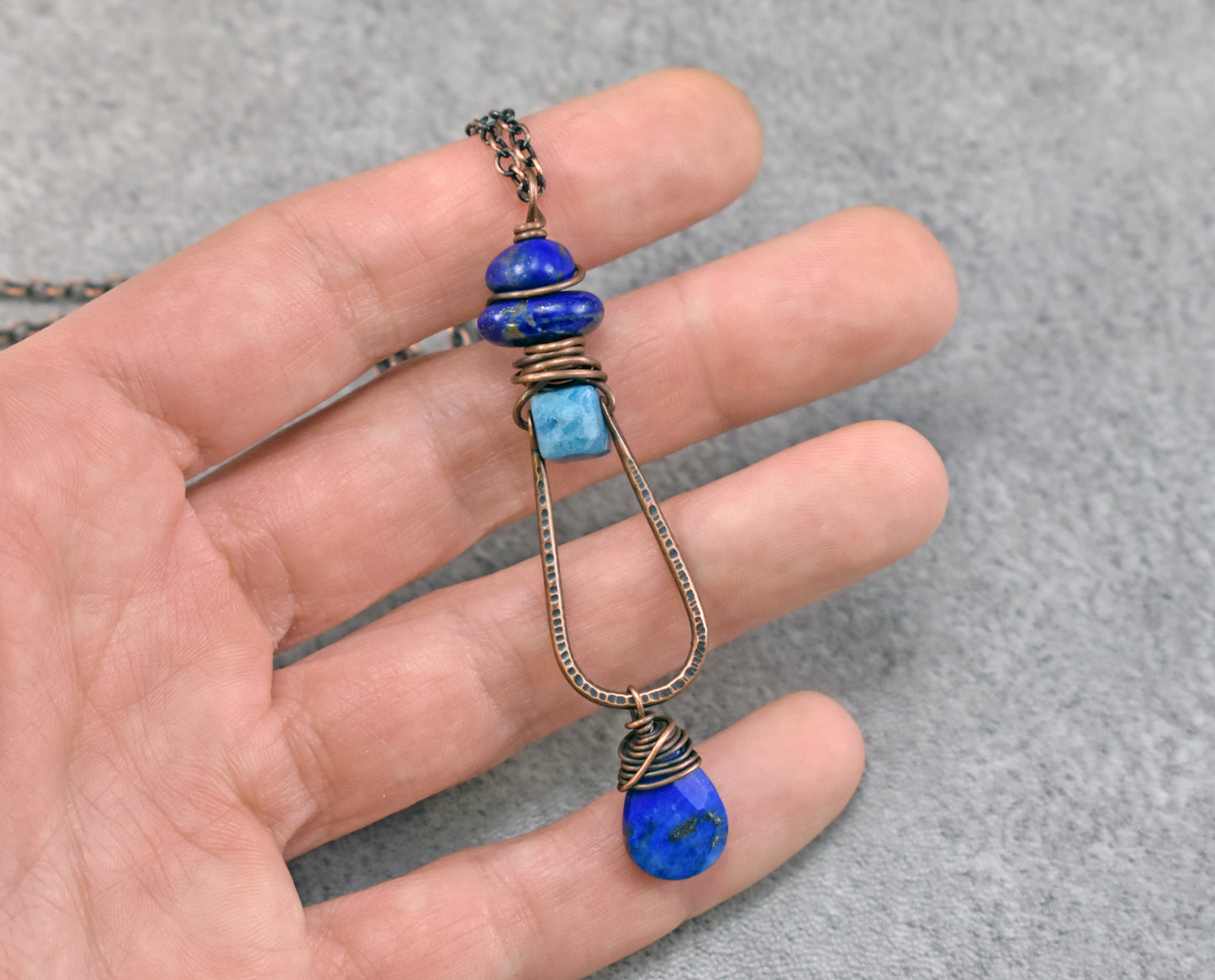 Long Apatite, Lapis Lazuli and Copper Wire Necklace, Artisan Blue Handmade Jewelry