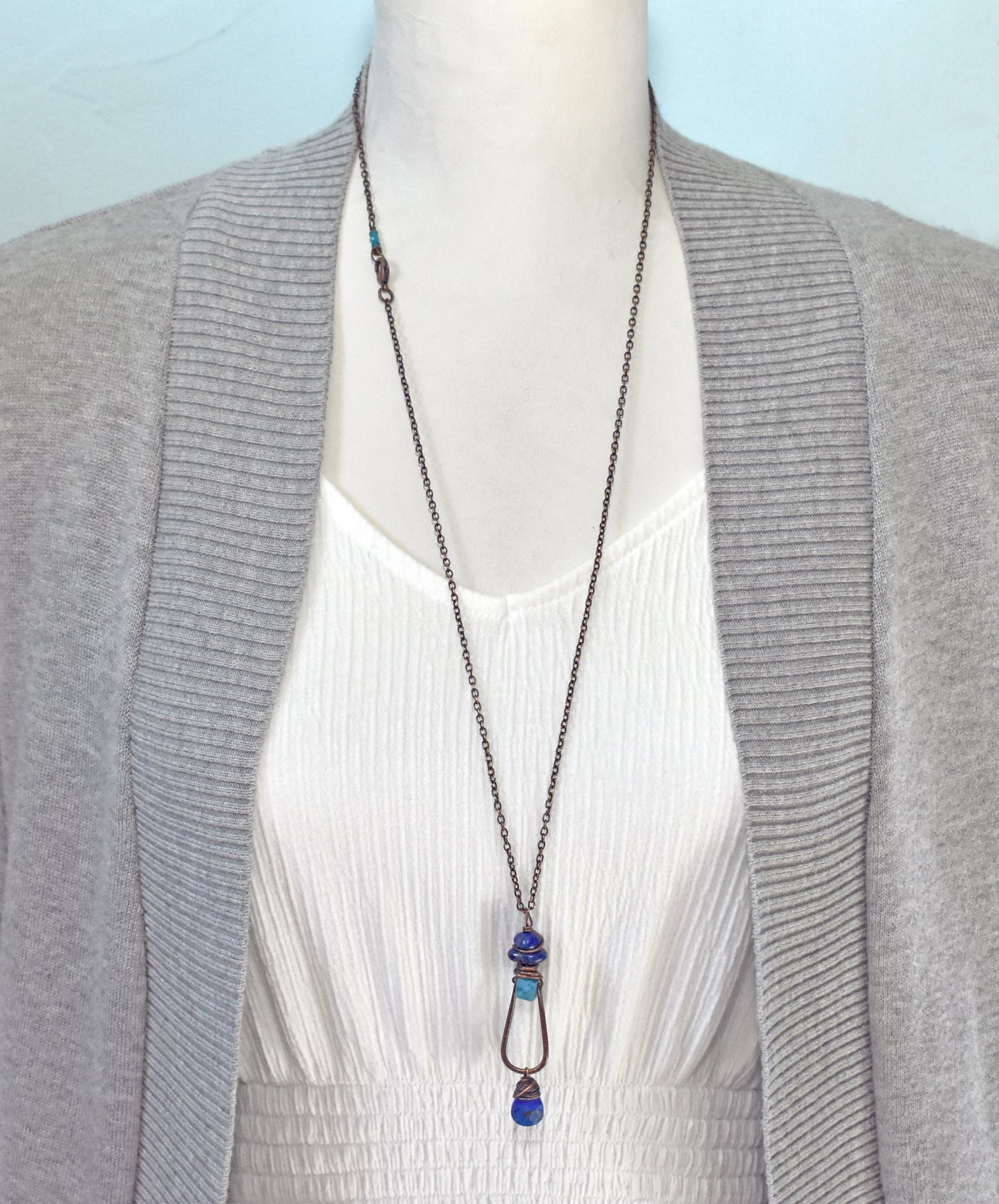 Long Apatite, Lapis Lazuli and Copper Wire Necklace, Artisan Blue Handmade Jewelry