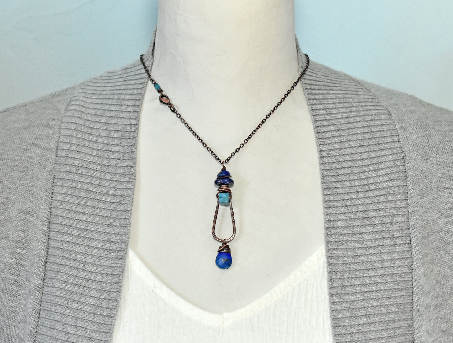 Long Apatite, Lapis Lazuli and Copper Wire Necklace, Artisan Blue Handmade Jewelry