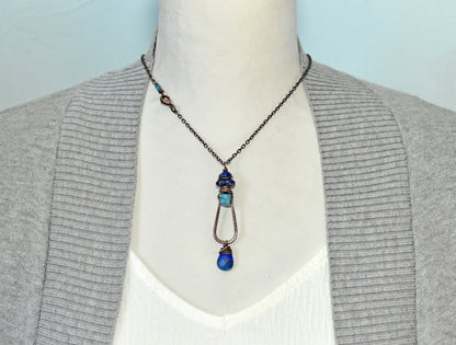 Long Apatite, Lapis Lazuli and Copper Wire Necklace, Artisan Blue Handmade Jewelry