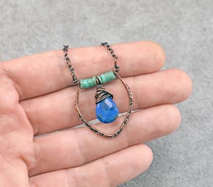 Lapis Lazuli Teardrop and Chrysoprase Necklace, Blue Green Copper Wire Jewelry