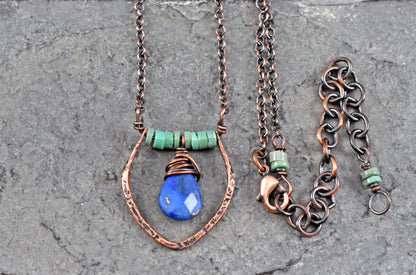 Lapis Lazuli Teardrop and Chrysoprase Necklace, Blue Green Copper Wire Jewelry