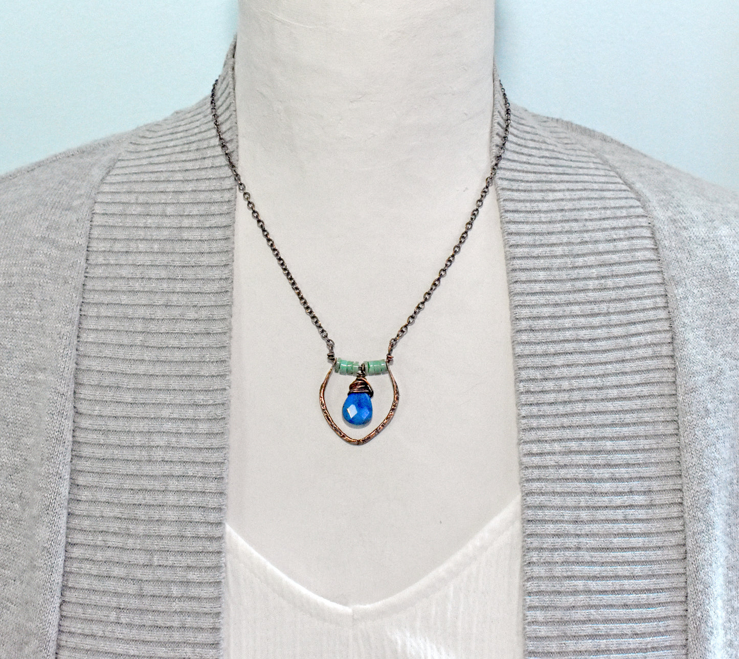 Lapis Lazuli Teardrop and Chrysoprase Necklace, Blue Green Copper Wire Jewelry