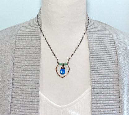 Lapis Lazuli Teardrop and Chrysoprase Necklace, Blue Green Copper Wire Jewelry